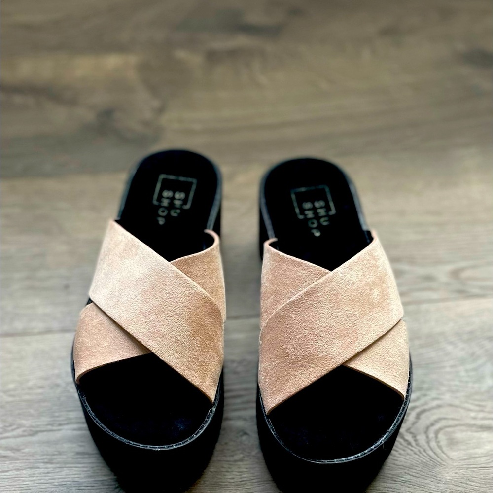 Faux suede platform sole slide. Shu shop.